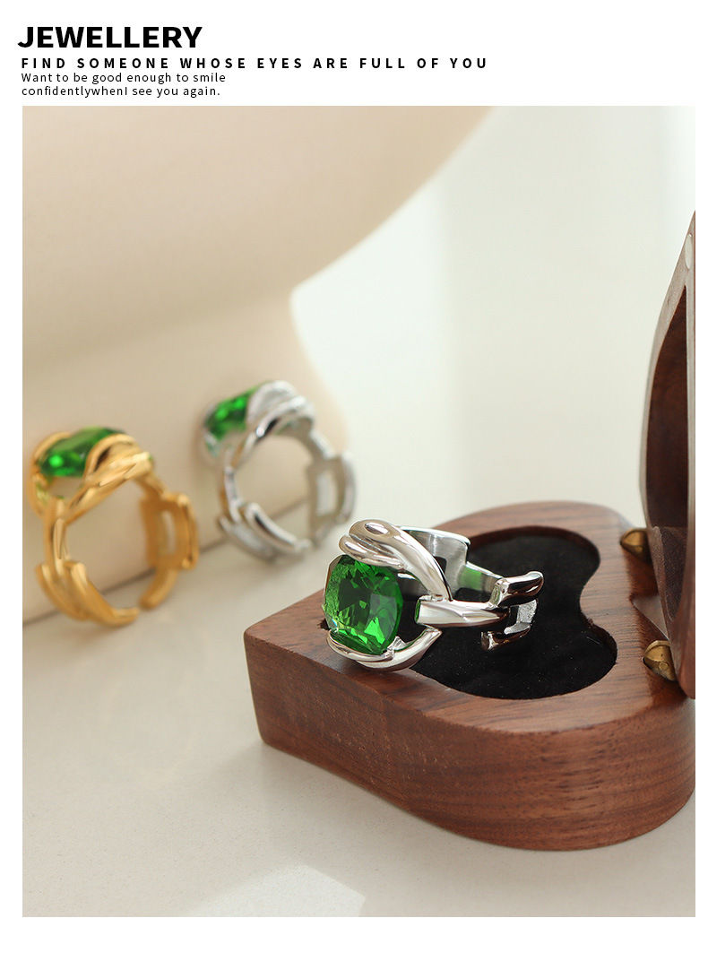 Thumbnail: Vintage Green Crystal Stainless Steel Rings For Women No Tarnish Gold Plated Wat