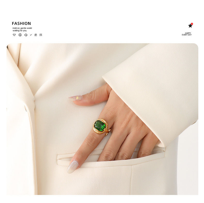 Thumbnail: Vintage Green Crystal Stainless Steel Rings For Women No Tarnish Gold Plated Wat