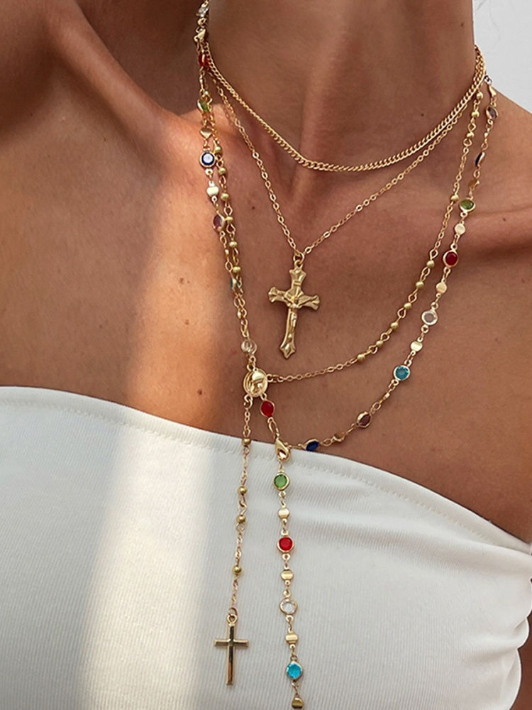Thumbnail: Trendy Jesus Cross Pendant Choker Necklace for Women 2025 Colorful Crystal Chain