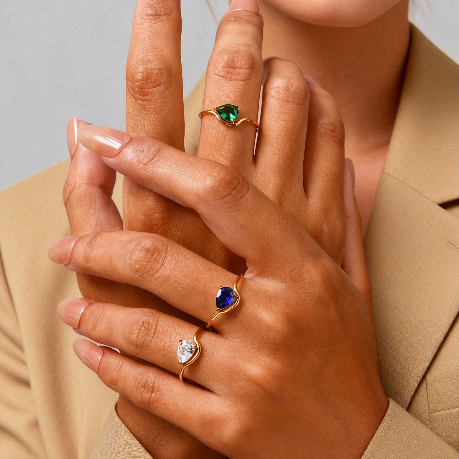 Luxurious Water Drop Zircon Ring 18K Gold Plated Stainless Steel Geometric Finge