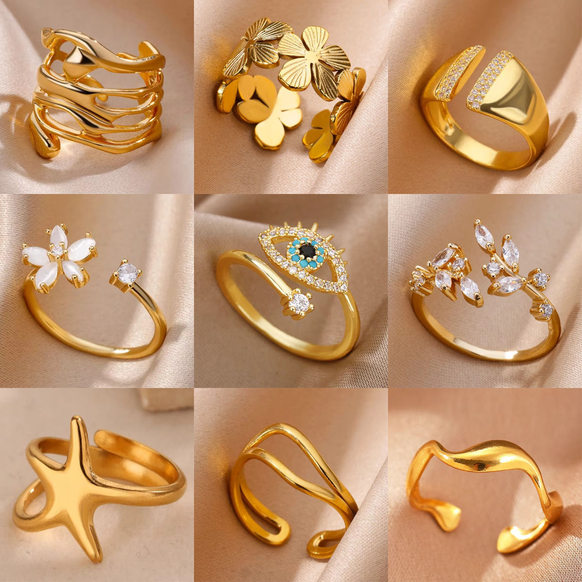 Stainless Steel Zircon Geometric Rings For Women Luxury Evil Eye Gold Color Adju