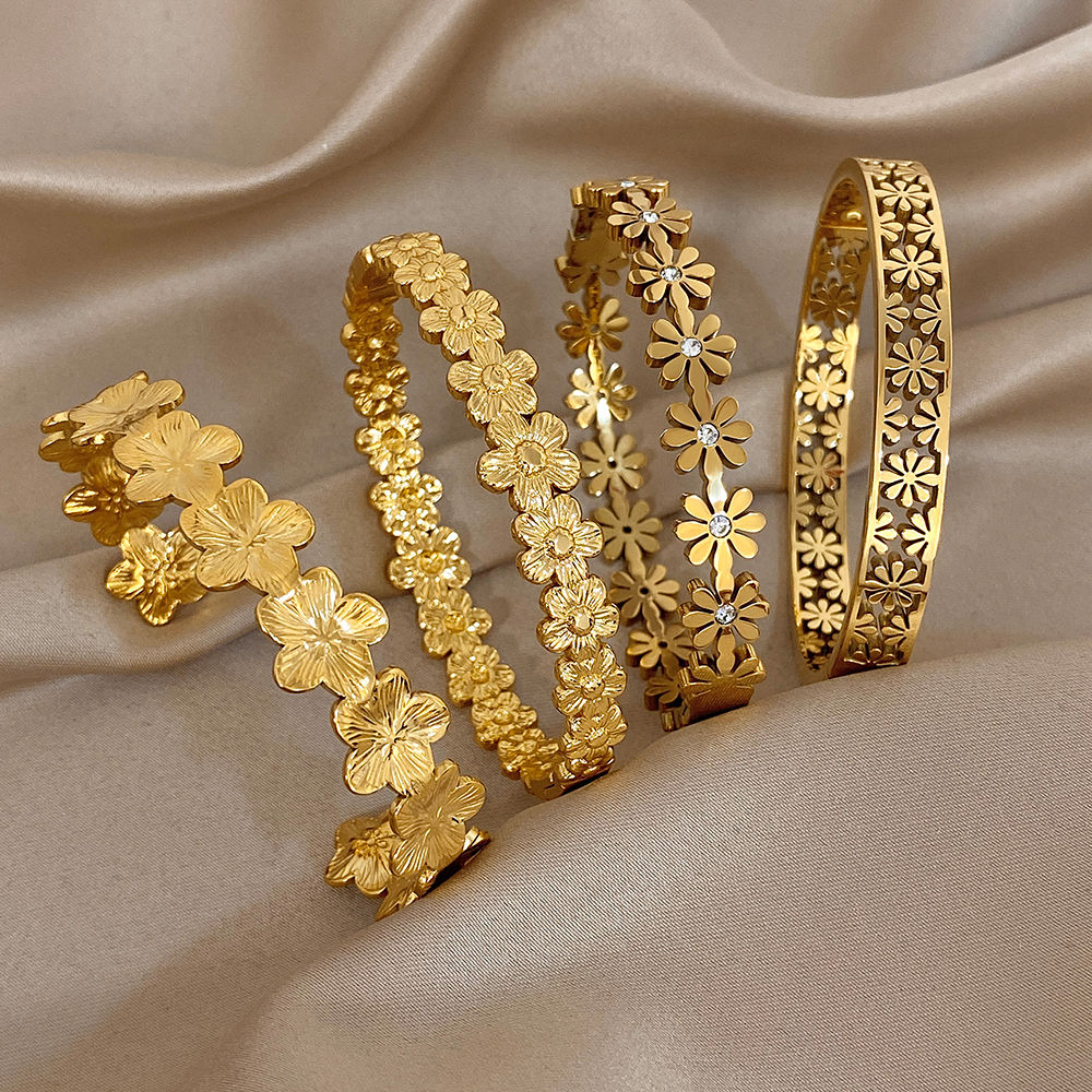 316L Stainless Steel Flower Cuff Bracelet Bangle for Women Fashion Hollow Floral