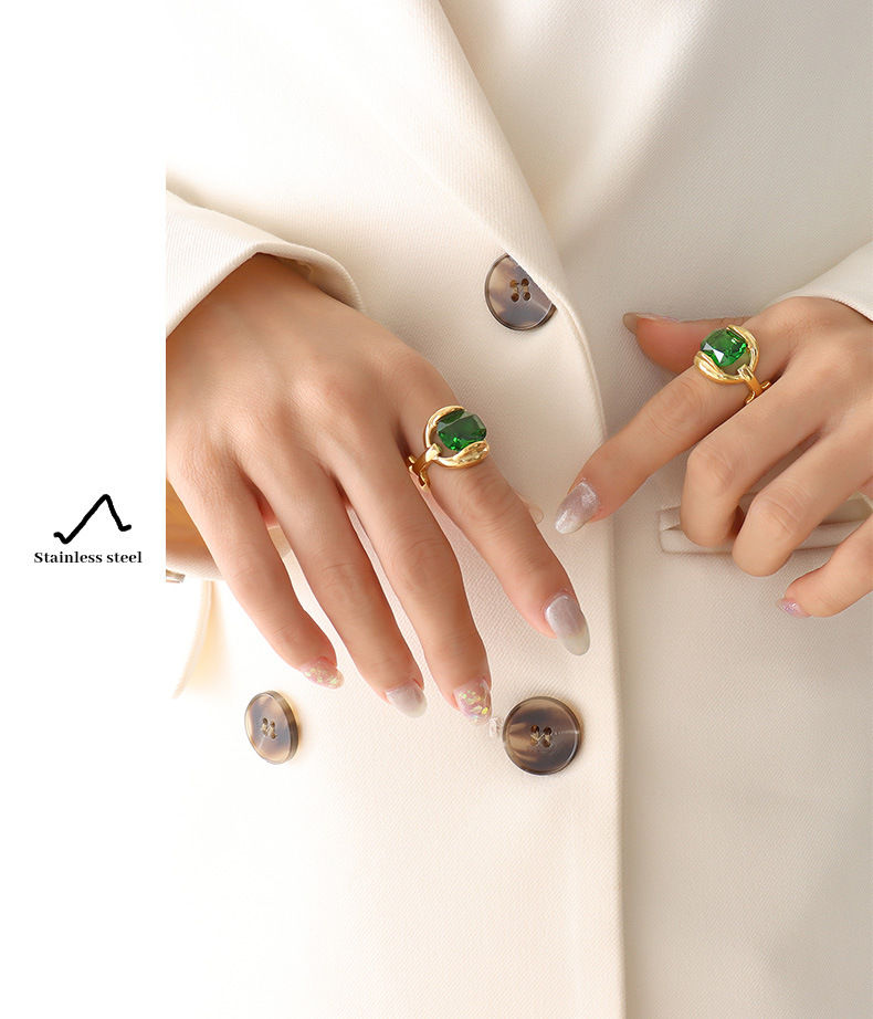 Thumbnail: Vintage Green Crystal Stainless Steel Rings For Women No Tarnish Gold Plated Wat