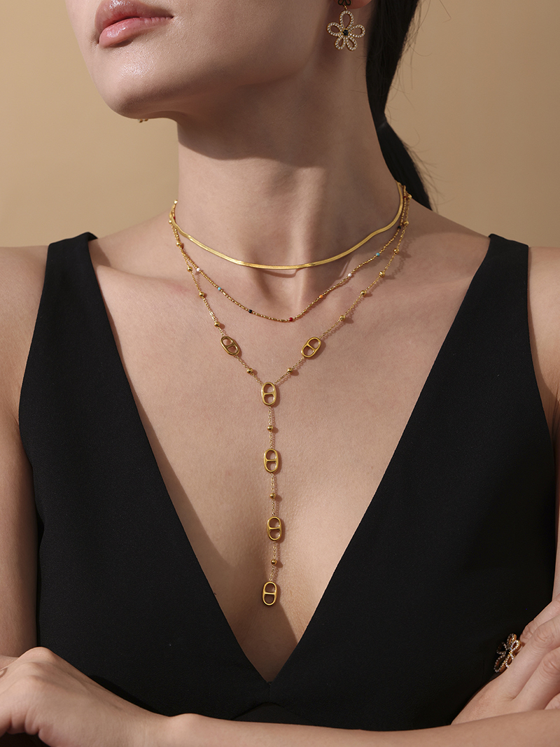 Thumbnail: Premium Stainless Steel Long Necklace Trendy Pig Nose Style Y Shape Drop Pendant