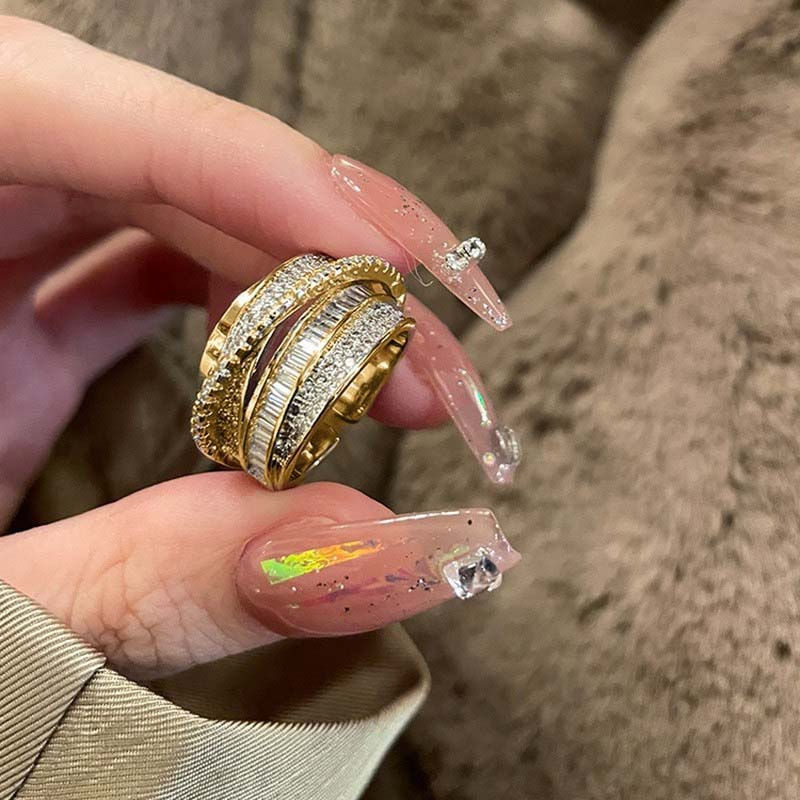 Thumbnail: Korea Gold Color Multilayer Wide Open Rings For Women Luxury Shiny Zircon Cross 
