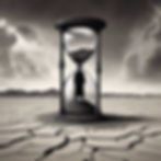 A lone figure trapped inside an hourglass, standing in a barren desert with storm clouds swirling above. The hourglass is nearly empty, symbolizing lost time due to procrastination and laziness.