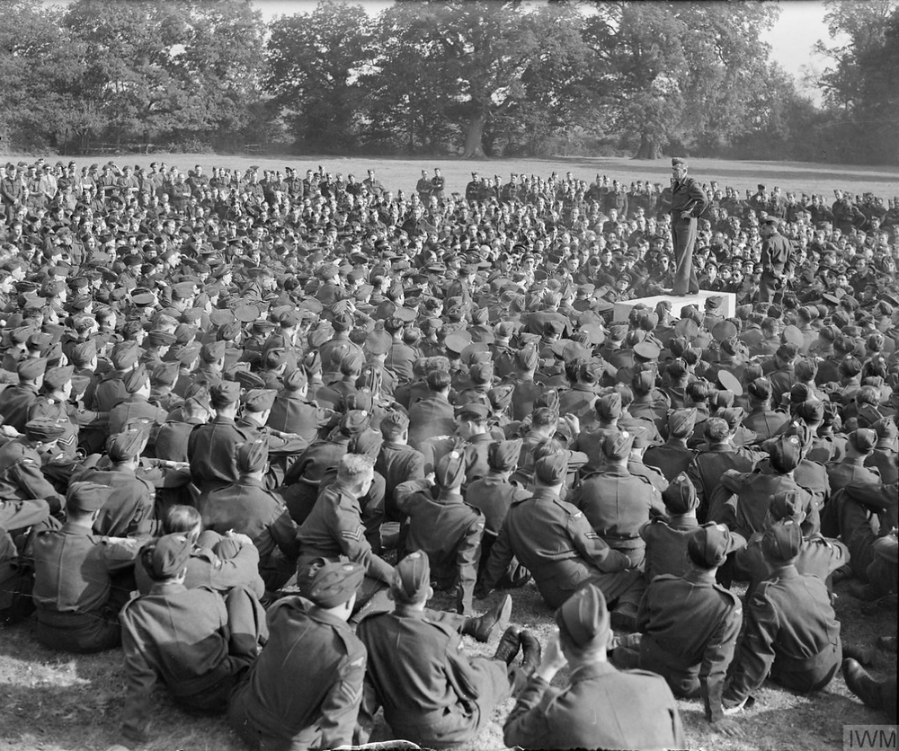 Commander-in-chief Coningham addressing the air and ground crews at Hartford Bridge on the evening before D-day