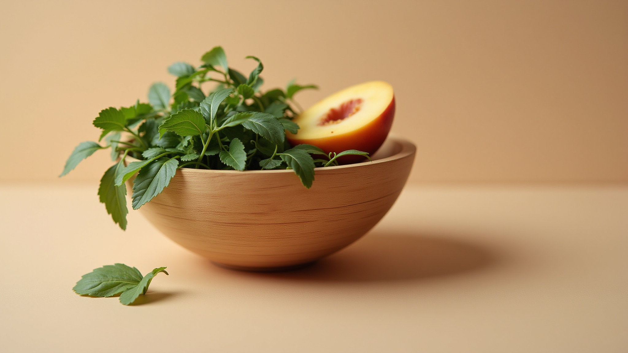 Wooden bowl with green leaves and sliced peach