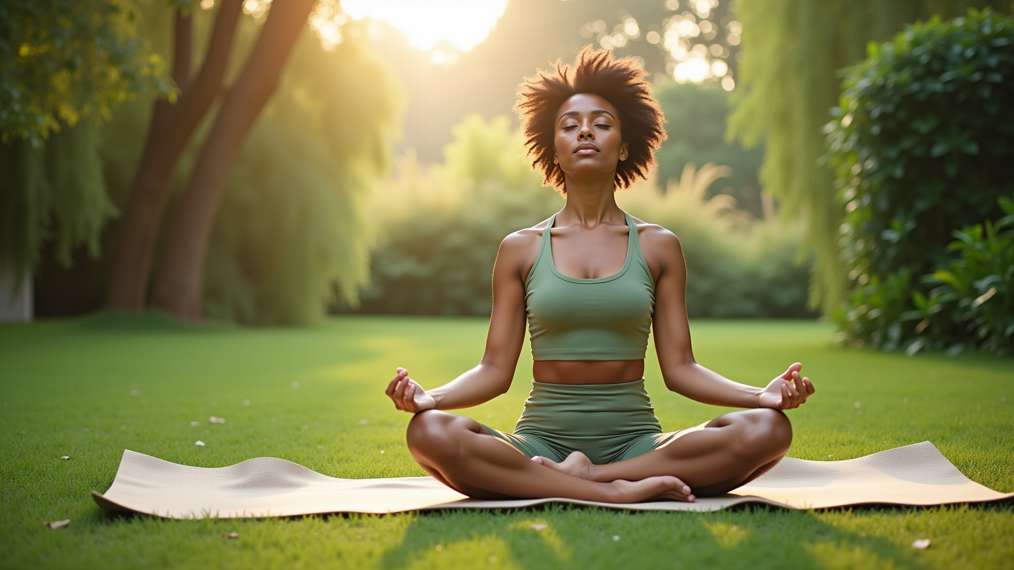 Woman meditating on yoga mat outdoors at sunrise