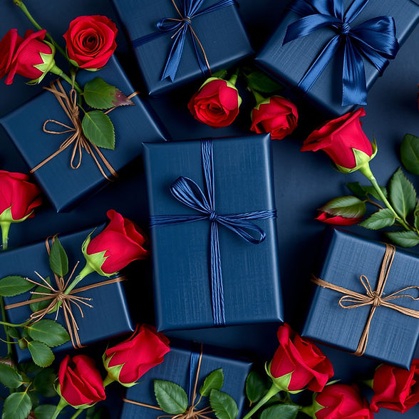 gifts with navy blue wrappings and red roses around.jpg