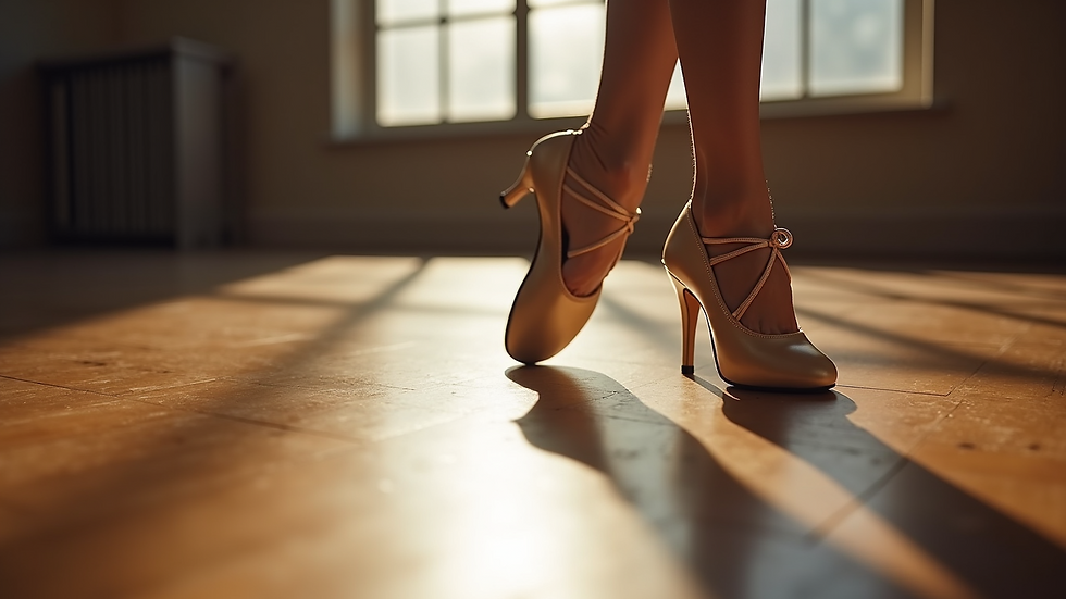 Close-up view of dance shoes on a wooden floor