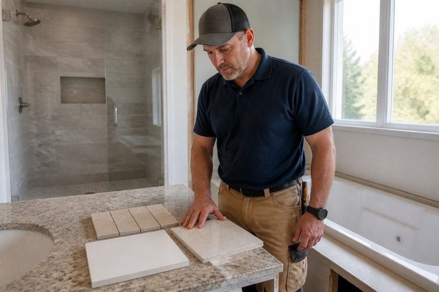 A contractor in work clothes examining acrylic, porcelain tile, and solid surface shower wall samples laid out on a bathroom counter during a renovation consultation, natural window light