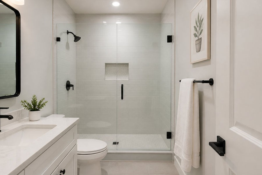 Compact bathroom with soft white and pale gray walls, bright overhead LED lighting, and minimal dark fixtures creating an open, airy feel