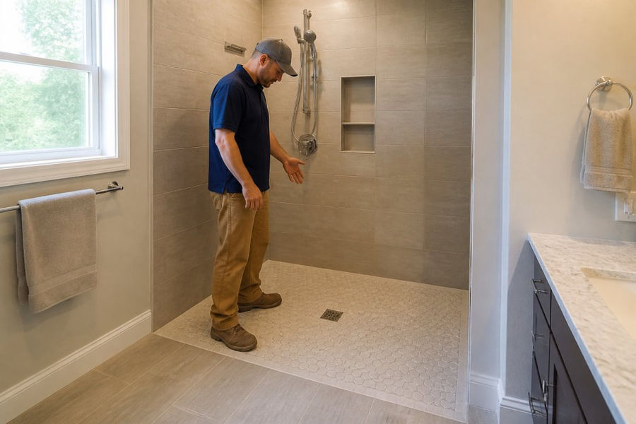 Custom tiled walk-in shower with no enclosure, featuring accessible curbless entry with a subtle slope toward the floor drain, modern chrome fixtures, and premium large-format neutral tile patterns on walls and floor in a bright, well-lit bathroom with natural light from a window