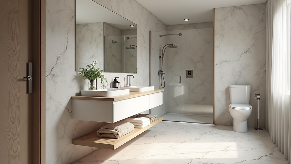 Eye-level view of a modern bathroom layout with a double vanity and walk-in shower