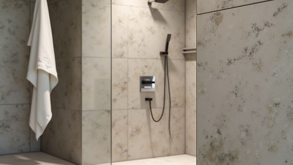Close-up view of modern bathroom shower with natural stone tiles