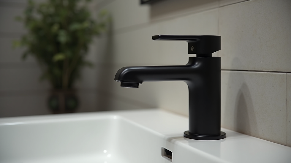Close-up view of matte black bathroom faucet and matching hardware
