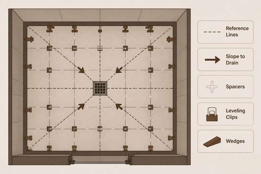 Overhead view of a shower floor with tile layout marked out, showing tile spacers, leveling system in place, and reference lines for slope to drain