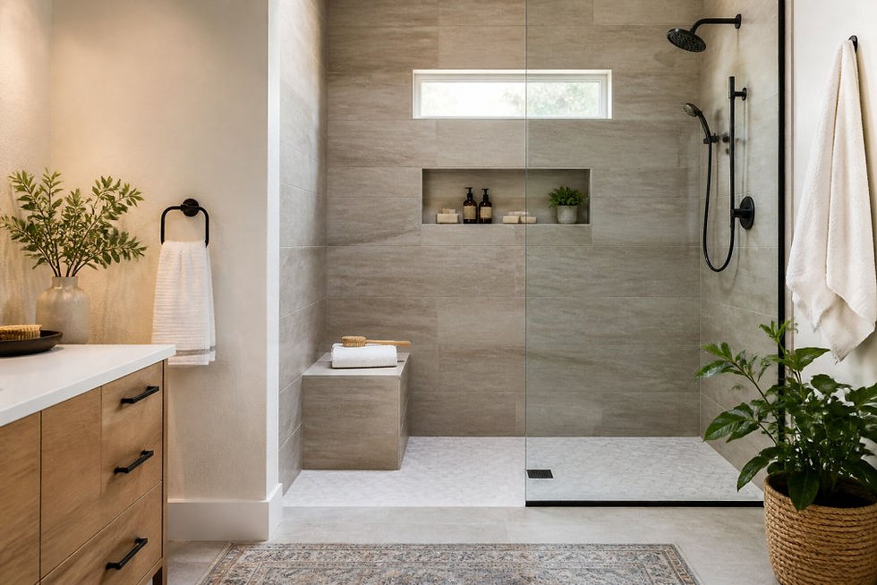 A zero-entry no threshold large walk-in-shower with a bench seat.
