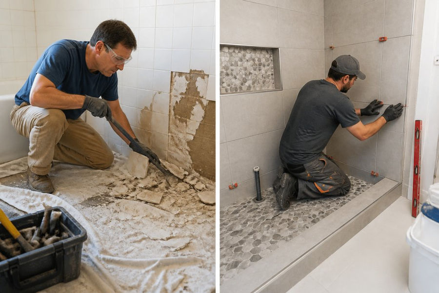 A homeowner in work clothes and safety glasses carefully removing old bathroom tile with a pry bar, while protective drop cloths cover the floor and a toolbox sits nearby