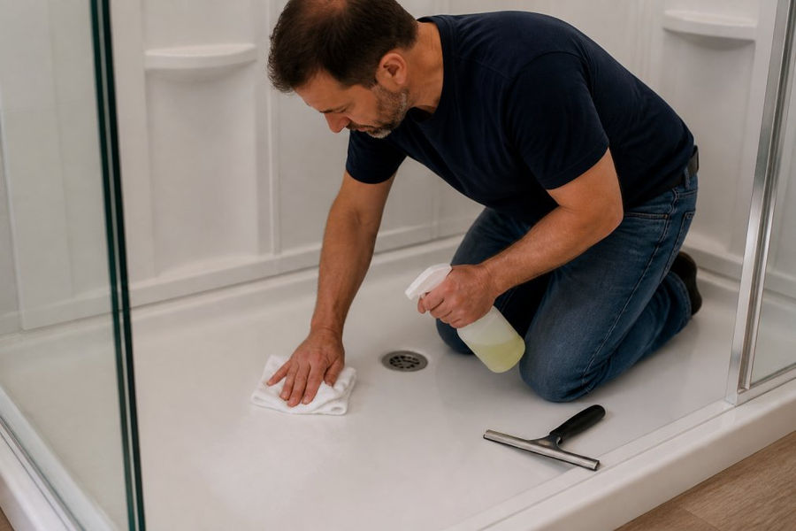 Homeowner kneeling to perform acrylic shower cleaning on a base using a microfiber cloth and spray cleaner