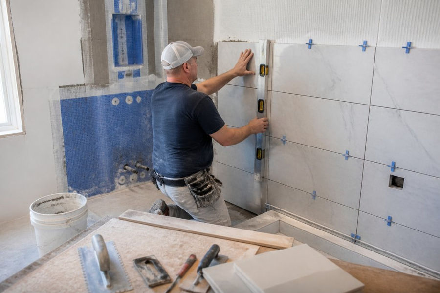 Licensed contractor carefully installing large format tile on shower wall with proper waterproofing membrane visible, using level and spacers for precision alignment