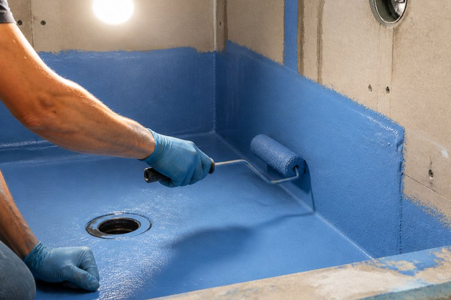 Close-up of hands rolling a blue liquid waterproofing membrane onto cement backer board inside a shower stall, roller leaving a wet even coat, bright work light overhead