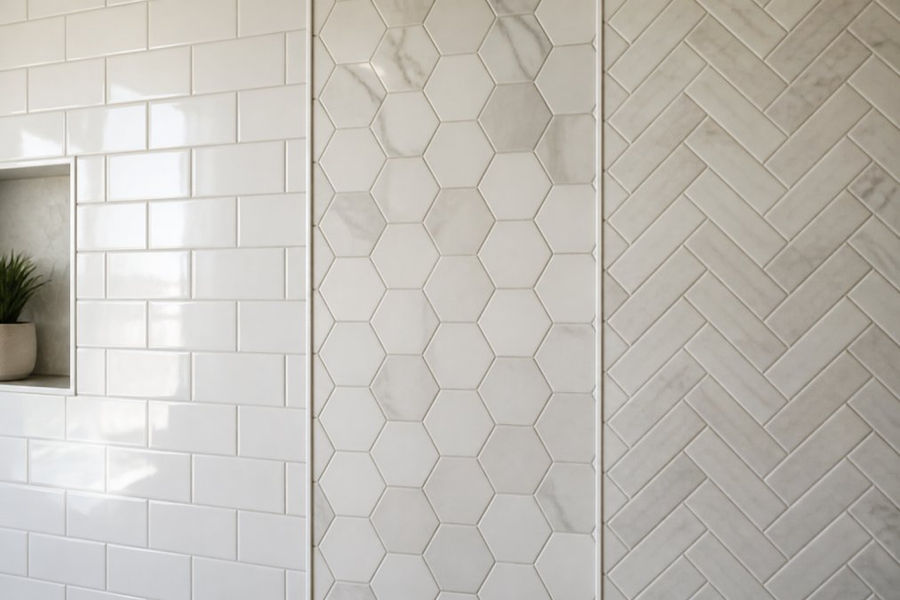 Close-up of a bathroom wall showcasing subway tile, hexagon tile, and herringbone pattern samples side by side in neutral tones, with natural light highlighting the texture and grout lines