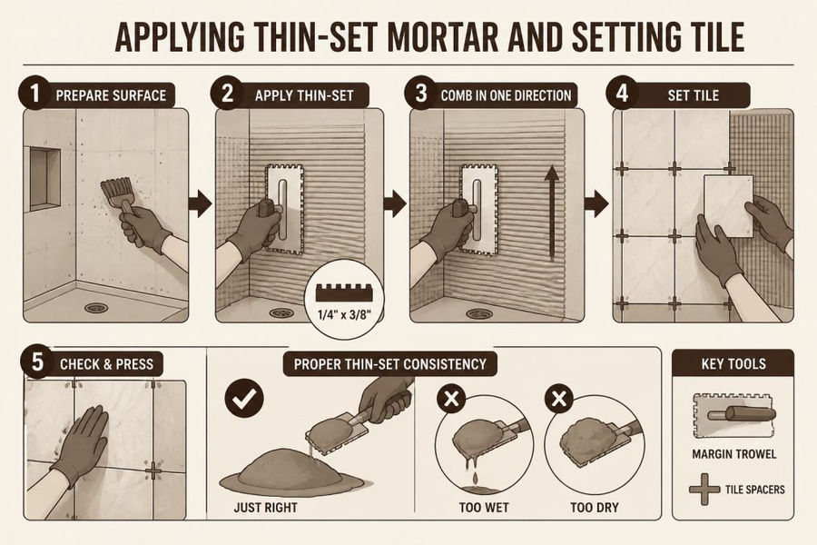 Professional demonstrating custom tiled shower installation process, applying thin-set mortar with a margin trowel to cement backer board, showing proper technique and mortar consistency in natural lighting