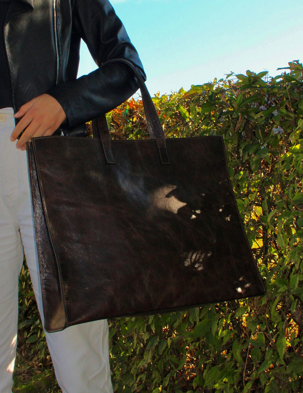Brown bag made byTirrena Leather Processing, Lonigo Vicenza