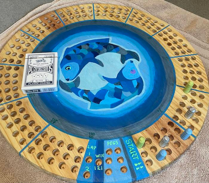 Thumbnail: Abstract Blue Fish Cribbage Board, 18 inch Round Cribbage Board