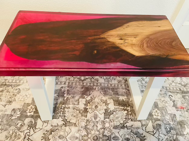 Thumbnail: Scarlet Light Red Translucent Resin End Table with Walnut Live Edge Slab