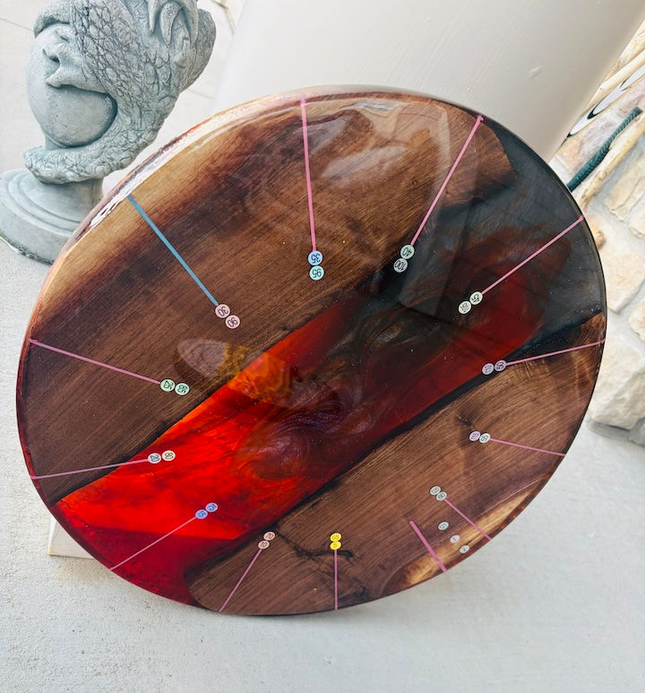 Handcrafted Red Resin River Cribbage Board – 20" Round Wood & Resin Design