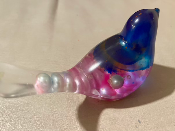 Thumbnail: Blue and pink glass resin bird with decorative pearls