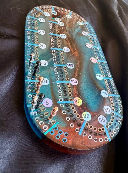 Thumbnail: Copper & Ocean Blue Resin Travel Cribbage Board
