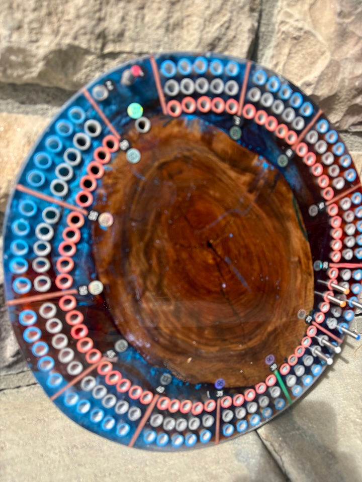 Thumbnail: Handmade Walnut & Dark Blue/Red Resin Cribbage Board