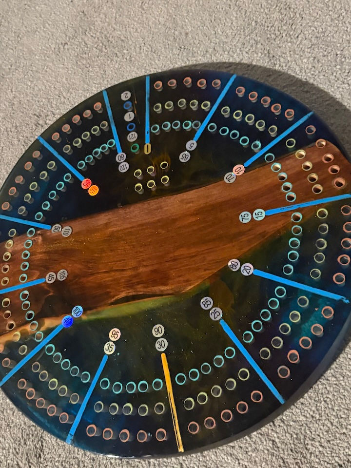 14" Handmade Resin & Wood Cribbage Board Modern Dark Blue and Ora Resin Design