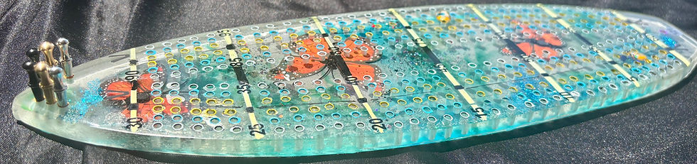 Thumbnail: Aqua surf board style cribbage board with butterflies
