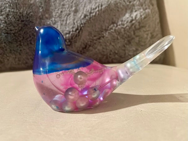 Thumbnail: Blue and pink glass resin bird with decorative pearls