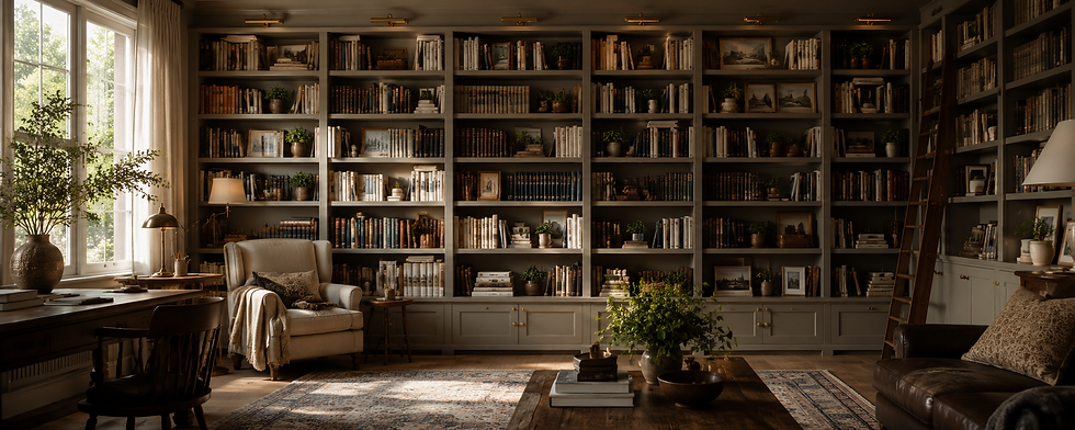 Cozy home library with bookshelves and armchair.