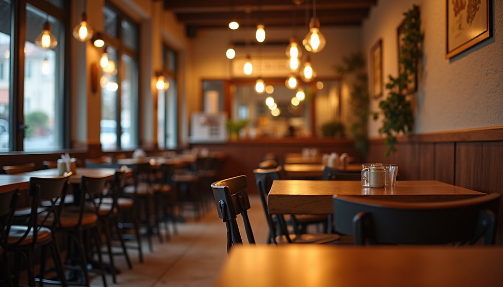 Modern cafe interior with wooden furniture and warm lighting
