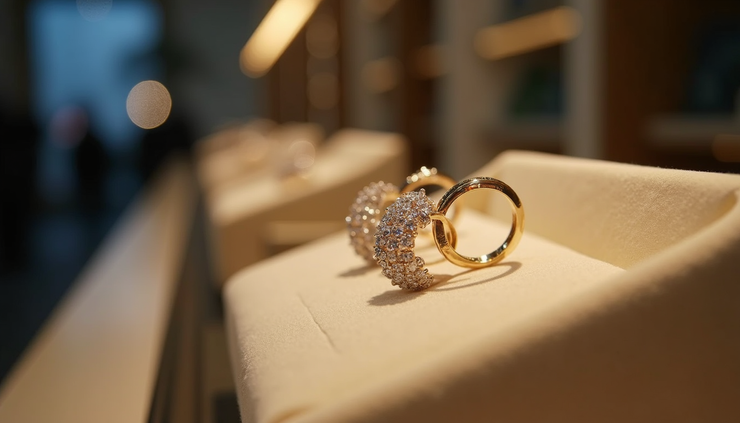Close-up view of a jewellery display case with sparkling diamond rings under focused lighting