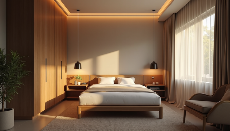 High angle view of a cozy bedroom with budget-friendly decor in Bangalore home