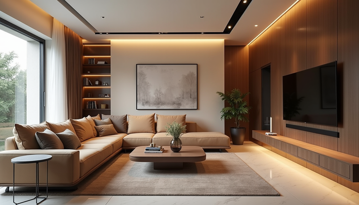 Eye-level view of a modern living room designed by turnkey interior designers in East Bangalore by Arkaa Spaces