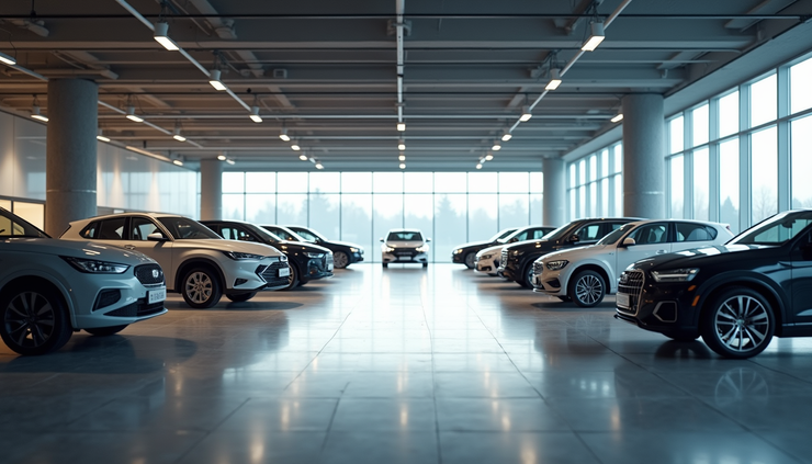 Wide angle view of a spacious car showroom with polished floors and several cars on display