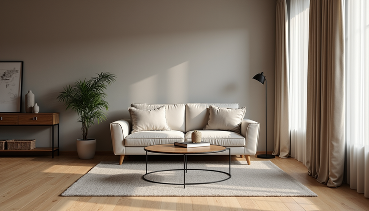 Eye-level view of a modern living room showcasing a mix of wood, fabric, and metal materials