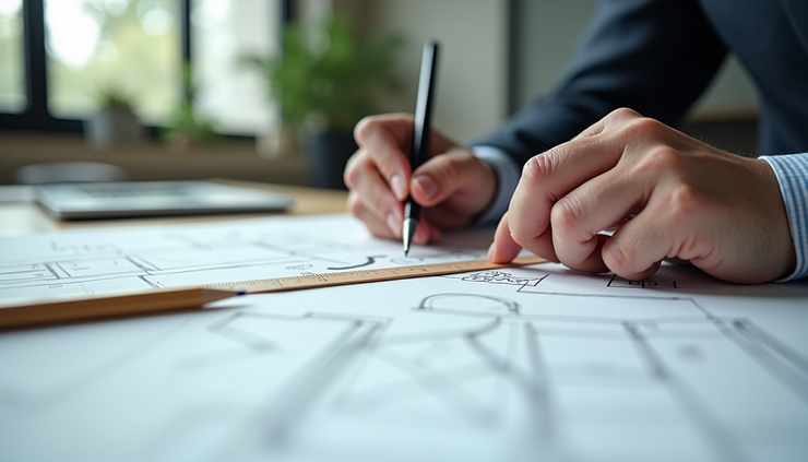 Close-up view of designer sketching office layout plans