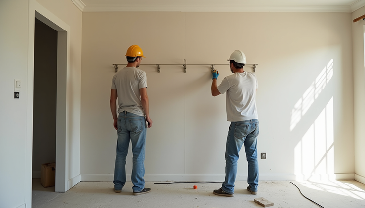 High angle view of construction workers installing drywall in a residential interior