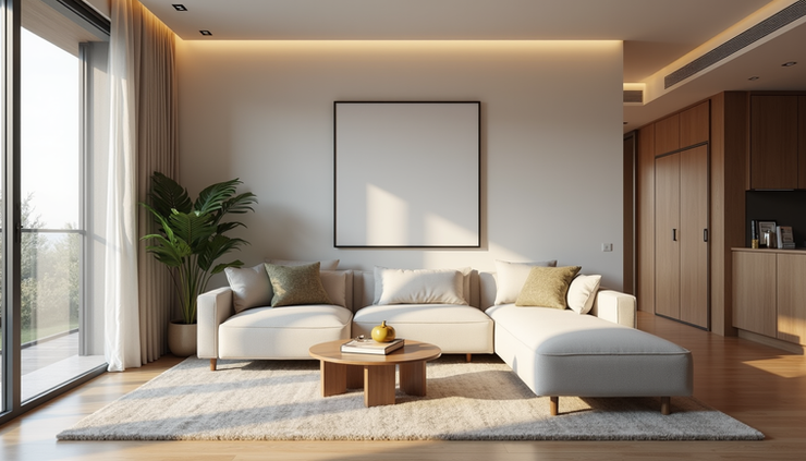 Eye-level view of a modern 3BHK apartment living room with minimalist decor