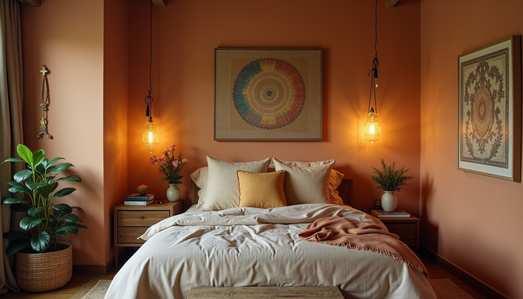 Eye-level view of a cozy bedroom with local art and handcrafted decor in Bangalore home